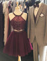 Dark Red Short Prom Gowns with Halter Short Two Pieces Prom Homecoming Dress